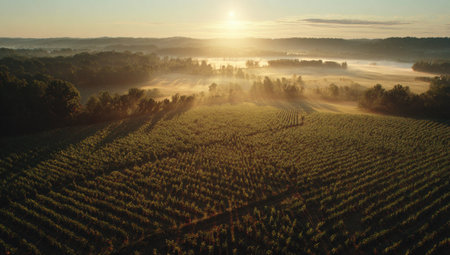 An aerial perspective showcases a cultivated field under a bright sun. The image presents parallel rows across the land with a golden light illuminating the fields and surrounding trees. Mist floats across the landscape adding to the scenic beauty. Suitable for commercial projects and environmental topics.の素材