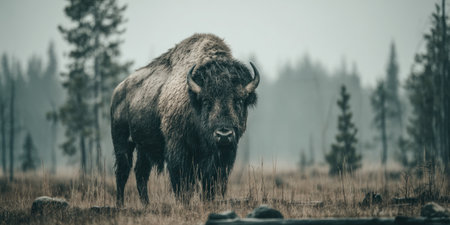 A large bison is the focal point of this image, standing in a field. The scene captures a natural environment with trees in the background, under overcast lighting. The composition is suitable for various commercial uses, including illustrations and editorial content, and it evokes a sense of wildlife.の素材