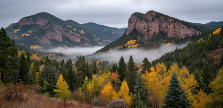 An expansive landscape shows mountains with trees in fall colors. The composition includes a valley with fog, adding depth and visual interest. The scene has a natural, peaceful atmosphere, potentially suitable for various uses, including editorial and commercial projects focusing on nature.の素材