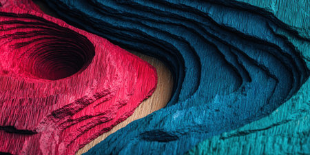 This abstract image features undulating, layered forms in contrasting shades of red and blue. The textures evoke a sense of depth and tactile quality, and the composition suggests a natural or geological context. It is suitable for various commercial purposes, including design elements or conceptual visuals.の素材