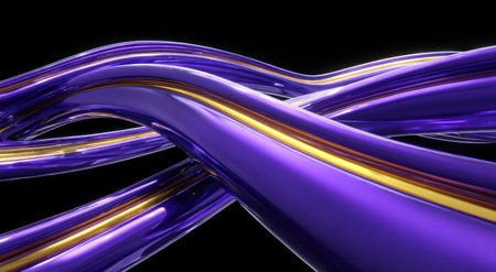 This image showcases abstract, flowing lines in shades of purple and gold. The lines twist and curve against a black background, creating a sense of movement. The composition features a close-up perspective, highlighting the glossy textures. This versatile design is suitable for various commercial or editorial applications.の素材