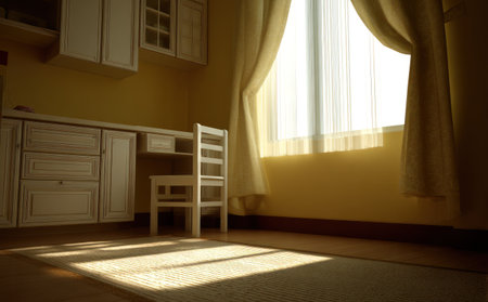 An interior shot showcases a sunny room with a prominent window draped with a curtain. The scene features a small chair and cabinetry. Natural light pours in, casting shadows across the floor. This image is suitable for various commercial applications, including home decor, lifestyle, and design-related projects.の素材