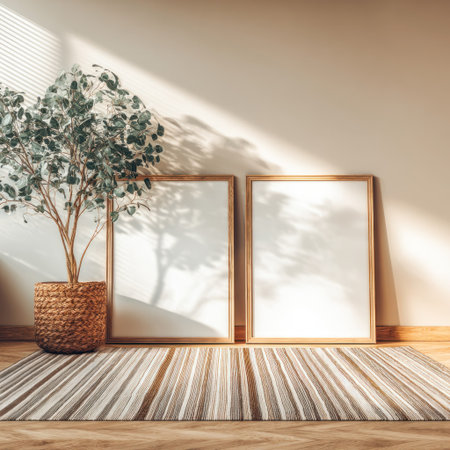 Two empty rectangular frames lean against a wall beside a potted plant. A striped rug lies on the wooden floor. The composition utilizes natural lighting, casting shadows, with warm tones. This image can serve various applications for interior design, home decor, or artistic presentations.の素材