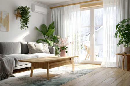 An inviting living room scene with natural light illuminating a comfortable gray sofa and wooden coffee table. Various green plants and white curtains create a fresh, airy atmosphere. The composition includes architectural elements suggestive of a modern home, suitable for interior design projects or lifestyle features.の素材