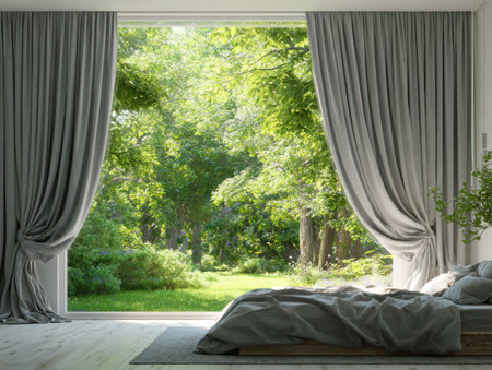 A bedroom interior features a bed, curtains, and an open window. Sunlight bathes the scene, highlighting the textures of the fabric and the greenery outside. The composition presents a serene view, suitable for visual content related to home decor, lifestyle, and environment.の素材