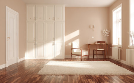 An inviting interior showcases a bright room featuring a wardrobe, chair, and desk. The scene is bathed in warm sunlight, emphasizing the light-colored walls and flooring. A plush rug adds texture. Suitable for diverse editorial or commercial applications, the image evokes a sense of serenity.の素材