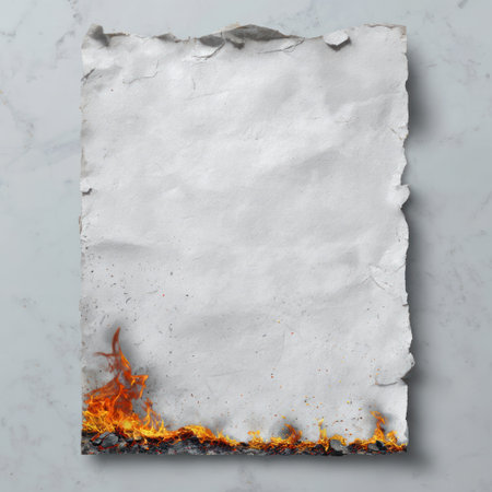 A partially burned sheet of paper is shown, with flames consuming its lower edge. The paper exhibits a rough texture and is mostly white, contrasting with the orange and red flames. The composition is likely intended for conceptual use, featuring a focus on destruction and transformation. It may be suitable for designs.の素材