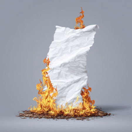 A crumpled sheet of white paper is engulfed in bright orange flames. The paper sits on a bed of dry debris against a plain grey backdrop. The image utilizes a studio-style lighting setup. This conceptual representation may be suitable for illustrating themes related to destruction or change.の素材