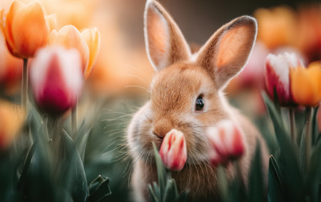 A close-up captures a bunny sniffing a tulip amidst a vibrant display of flowers. The composition features vivid colors, with soft focus creating depth. Natural sunlight bathes the scene, suggesting an outdoor setting. Suitable for various projects needing a springtime or nature theme.の素材