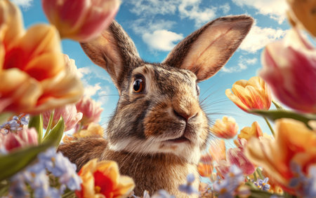 A detailed image features a rabbit amidst vibrant tulips, showcasing a warm color palette. The soft texture of the bunny contrasts with the flowers' petals. The composition and overhead lighting suggest an outdoor setting during the day, possibly springtime. This image may be suitable for various commercial uses, including advertising and editorial content.の素材