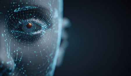 A close-up image features a human-like face constructed from digital elements. The prominent eye is detailed with a network design. The color palette includes shades of blue and gray, suggesting a futuristic aesthetic. The composition implies themes of artificial intelligence and technological advancement, suitable for various editorial and commercial applications.の素材
