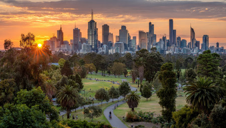 A scenic photograph presents a city skyline silhouetted against a vibrant sunset. The foreground features a lush park with trees and pathways. The composition highlights contrasting elements of natural beauty and urban development. Suitable for use in various commercial and editorial contexts related to environment and urban design.の素材