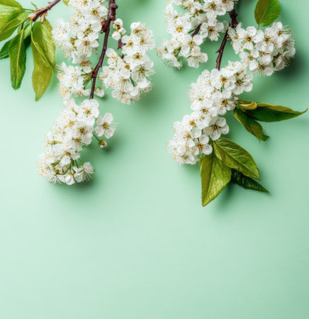This image showcases delicate white blossoms on tree branches set against a soft, light green backdrop. The overhead shot highlights the texture and form of the flowers and leaves. It evokes feelings of spring and freshness, suitable for various editorial and commercial applications.の素材