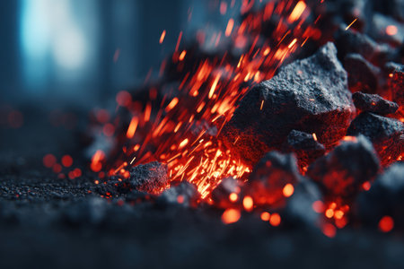 This image showcases a close-up of burning embers, featuring vibrant orange and red glowing elements. The composition focuses on texture with rough, dark surfaces contrasting against bright sparks. The blurred backdrop suggests an indoor setting, and the image is suitable for various commercial uses.の素材