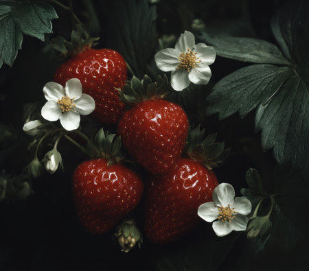 A cluster of vibrant red strawberries is depicted alongside delicate white flowers, set against a backdrop of dark green foliage. The composition showcases a naturalistic style with soft lighting. This imagery could be employed for a range of commercial projects, including advertising or editorial content.の素材