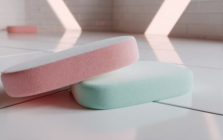 Two rectangular sponges, one pink and one blue, rest on a reflective white surface. The image highlights the smooth texture and vibrant colors of the sponges. Soft, diffused lighting suggests an indoor setting. This image is suitable for various commercial uses, including product advertising or lifestyle content.の素材