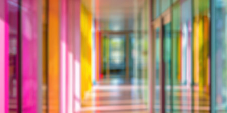 An interior shot features a hallway with vibrant, multicolored glass panels. The composition showcases a linear perspective with blurred details and colorful light. The scene possibly suggests a modern design setting or architectural visualization, suitable for various editorial and commercial applications.の素材