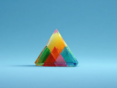 A vibrant, transparent pyramid is displayed against a solid blue background. The geometric shape is constructed of multiple colorful segments, creating a dynamic visual effect. The lighting is even, and the composition is simple, making it suitable for a variety of advertising or design applications.の素材