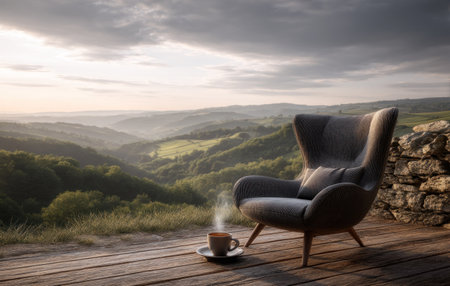 An armchair sits on a wooden deck, inviting relaxation and contemplation. A cup of coffee steams beside it, with a scenic view of rolling hills and valleys bathed in morning light. The composition features soft textures, natural colors, and an overall sense of tranquility. Suitable for commercial projects promoting rest or travel.の素材
