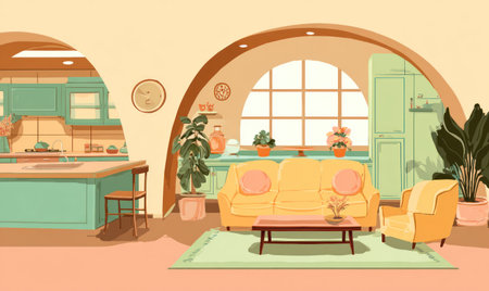 This illustration depicts a brightly lit interior, showcasing a living room and kitchen. The scene features a sofa, armchair, and dining table, complemented by decorative plants and architectural arches. The color palette includes pastel shades, soft lighting, and a clean style suitable for various design projects, including digital media and home decor.の素材