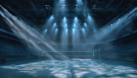 An empty indoor arena is illuminated by multiple spotlights creating beams of light. The composition features a volleyball net in the foreground with seating areas in the background. The lighting creates a contrast of light and shadow, suggesting a performance or event. Suitable for commercial and editorial uses.の素材