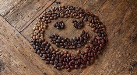 Coffee beans are arranged in a smiling face pattern on a weathered wooden table. The composition features various shades of brown in natural lighting, showcasing texture and detail. This image is suitable for a variety of uses, potentially in advertising or editorial contexts.の素材
