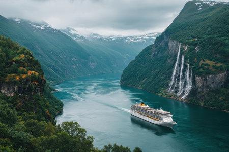 A large cruise ship travels through a fjord-like body of water, flanked by steep, forested mountains. Waterfalls cascade down the mountainsides, reflecting in the calm water. The scene features a cool color palette with natural light, suggesting outdoor activities and scenic travel suitable for travel and tourism promotions.の素材