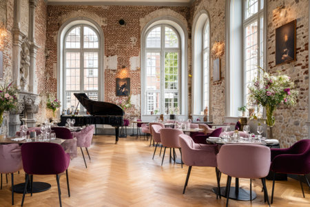 An interior shot reveals a refined dining room with a grand piano. The space features large arched windows, brick walls, and hardwood floors. Tables are set with fine dining accessories and chairs in a warm color palette. The scene is bathed in natural light, suitable for commercial or editorial applications.の素材