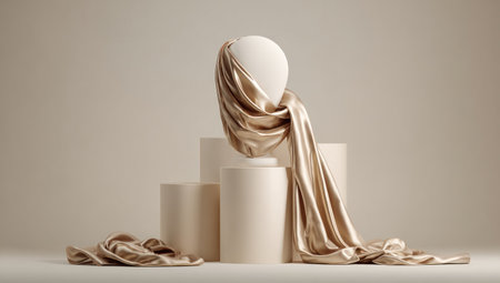 A cream-colored mannequin head is adorned with draped fabric, presented atop stacked cylindrical forms. The image showcases soft textures, gentle lighting, and a cohesive neutral color palette. This artistic arrangement suggests a studio setting, suitable for visual content and design applications. Its clean aesthetic suits commercial and editorial uses.の素材