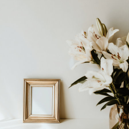 A close-up captures a golden picture frame beside a bouquet of white lily flowers. The floral arrangement exhibits a range of white hues and textures. The composition appears against a soft, neutral-colored background. This image is suitable for various editorial and commercial applications.の素材