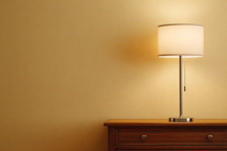 A classic lamp with a cylindrical lampshade stands on a wooden table, its light casting shadows on a beige wall. The composition highlights warm tones, texture, and soft illumination. This image is suitable for various commercial purposes, including home decor, lifestyle, and design projects.の素材