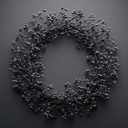 A close-up view displays a circular wreath composed of delicate branches and tiny, dark-colored berries. The composition features a symmetrical arrangement against a plain, dark background. The lighting is even, highlighting the textures of the natural elements. This image may be suitable for various design projects, including decorative, seasonal, or symbolic concepts.の素材
