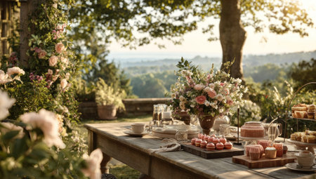 A wooden table is set with flowers and refreshments in an outdoor setting. The scene features various food items such as pastries. Soft sunlight bathes the scene, highlighting the textures of the table and the arrangements. This image could be used for lifestyle, culinary, or promotional purposes.の素材