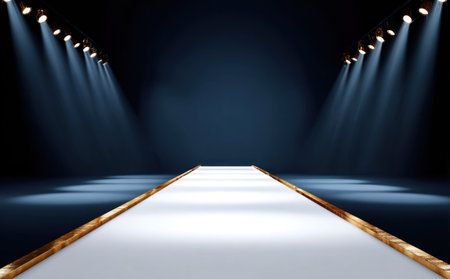 An empty runway is the focus, illuminated by overhead spotlights. The composition features a white pathway framed by golden edges, with a dark background. The lighting creates shadows and highlights. The image could be used for advertising fashion or entertainment events, or presentations.の素材