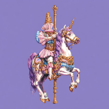 An illustrated fantasy scene depicts a costumed rider atop a carousel unicorn. The image showcases detailed artistry with vibrant colors and ornate decorations. This whimsical composition evokes a sense of charm and enchantment. Suitable for various creative and commercial applications where fantasy themes are desired.の素材