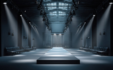 An empty fashion runway stage is illuminated by several spotlights in a dark indoor environment. The scene showcases rows of seating on both sides of a runway. The composition employs strong shadows and lighting to create a sense of drama. This image is suitable for various commercial uses related to the fashion or event industry.の素材