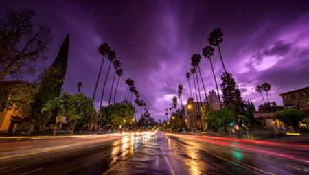A long exposure photograph depicts a city street lined with tall palm trees. The vibrant purple sky contrasts with the streetlights' streaks of color, creating a dynamic visual. The composition suggests a nighttime setting with a cinematic quality, suitable for various editorial and commercial applications.の素材
