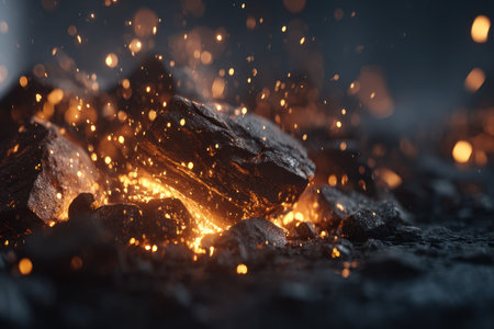 This image presents a close-up of burning coal illuminated by bright orange sparks. The composition features a textured surface and bokeh effects, suggesting a macro photography approach. It evokes a feeling of intense heat and energy, ideal for commercial or editorial applications related to industry, energy, or abstract concepts.の素材