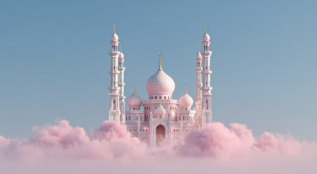 An illustration depicts a grand temple with ornate towers and domes, seemingly suspended amidst fluffy, pink clouds. The architectural design is detailed and symmetrical, bathed in soft lighting. A vast blue sky provides a serene backdrop. This image is suitable for artistic purposes and could be used in various creative applications.の素材