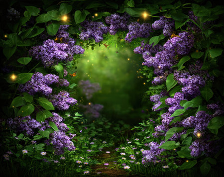 An inviting floral archway features abundant clusters of purple flowers and lush green foliage. The composition showcases a round opening in a dreamlike setting with soft lighting. This image could be suitable for various creative projects, including editorial features, or design purposes.の素材