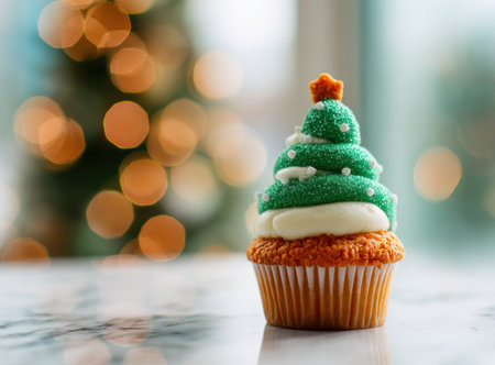 A close-up captures a cupcake designed as a Christmas tree, featuring vibrant green frosting and decorative elements. The composition showcases a soft texture, with an overhead view and warm lighting. Suggests a celebratory theme, applicable for various editorial or commercial projects, possibly related to festive seasons.の素材