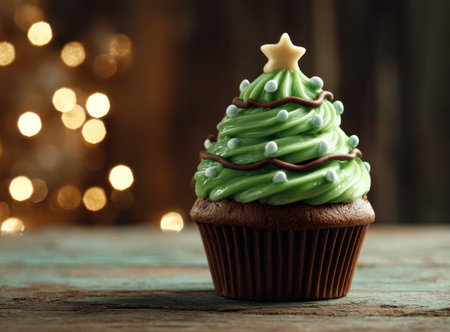 A close-up view displays a cupcake artfully decorated to resemble a Christmas tree. The green frosting, accented with brown lines and tiny dots, sits atop a chocolate base. A golden star tops the tree, all set against a blurred background with soft bokeh lights, suitable for culinary or festive themes.の素材