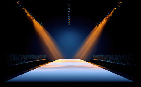 An empty runway is the main subject, bathed in contrasting light from overhead spotlights. The image features a symmetrical composition with strong lines and shadows. The color palette emphasizes dark blues and warm orange tones, suggesting an indoor setting. This image may be suitable for advertising, editorial, or promotional material.の素材