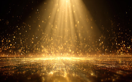 Abstract image showcases radiant golden light beams illuminating a dark backdrop. The composition features a textured surface with floating particles. The visual style employs a warm color palette with strong lighting effects. This image is suitable for various commercial uses, including website backgrounds and design elements.の素材