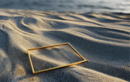 A square, golden frame rests upon textured sand, its minimalist design contrasting with the natural environment. The image displays a close-up perspective with soft lighting and neutral tones. This composition might be useful for design projects, marketing materials, or visual storytelling.の素材