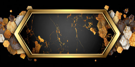 A gold-framed hexagon shape with a dark marble texture is the central focus. Surrounding the frame are abstract geometric shapes with gold, brown and gray hues, set against a black background. This visual could be utilized for various commercial projects and editorial needs.の素材