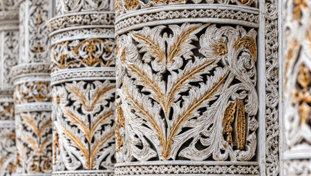 This image showcases elaborate architectural elements with finely carved patterns. The composition highlights repeating cylindrical forms adorned with a mix of white and gold tones. The detailed textures and lighting suggest a daytime setting, potentially suitable for editorial content or commercial applications.の素材