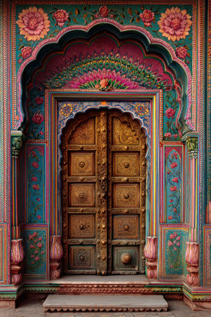 An ornate wooden door stands within an elaborately decorated archway, showcasing vibrant colors and detailed floral patterns. The artistic composition uses rich hues such as teal, pink, and gold, suggesting a traditional or cultural setting. Suitable for various creative projects, the image has potential for both commercial and editorial applications.の素材
