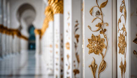 The image showcases ornate gold floral patterns adorning white pillars within a large, open architectural setting. Soft lighting highlights the textures and shapes. The composition focuses on repeating elements with a blurred background suggesting a vast interior. This could be useful for projects related to design, culture, or historical themes.の素材
