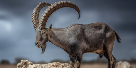 A striking image showcases a mountain goat with large, curved horns. The animal stands on a rocky surface, its dark fur contrasting against a dramatic, overcast sky. The lighting suggests an outdoor environment. This image could be used for wildlife publications, educational resources, or as a striking visual element.の素材